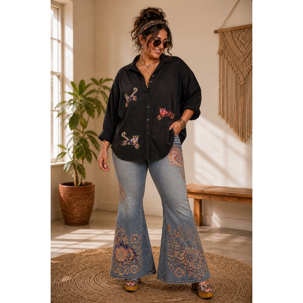 Boho Artsy Funky Casey Coleman Black Cotton Embroidered Cat Button Up 2X Top